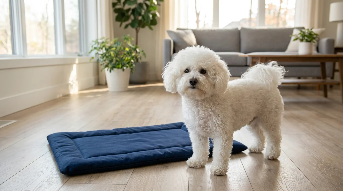 White Bichon Frise standing on a wood floor beside a blue mat.