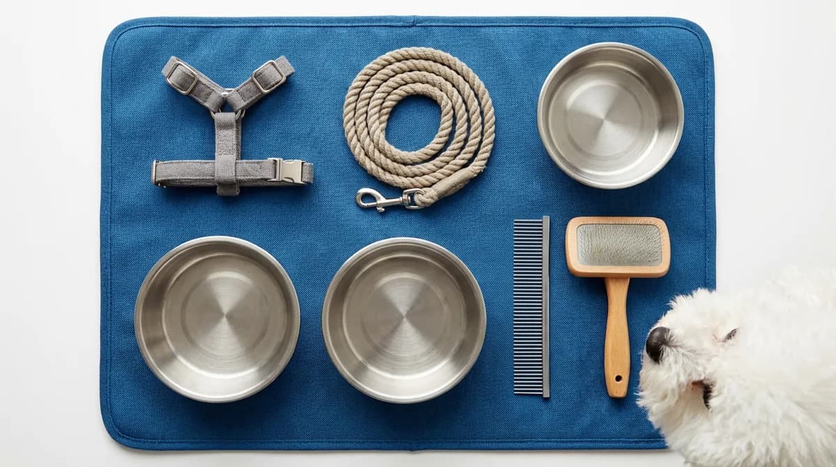 Dog harness, rope leash, stainless steel bowls, comb, and slicker brush arranged on a blue mat.