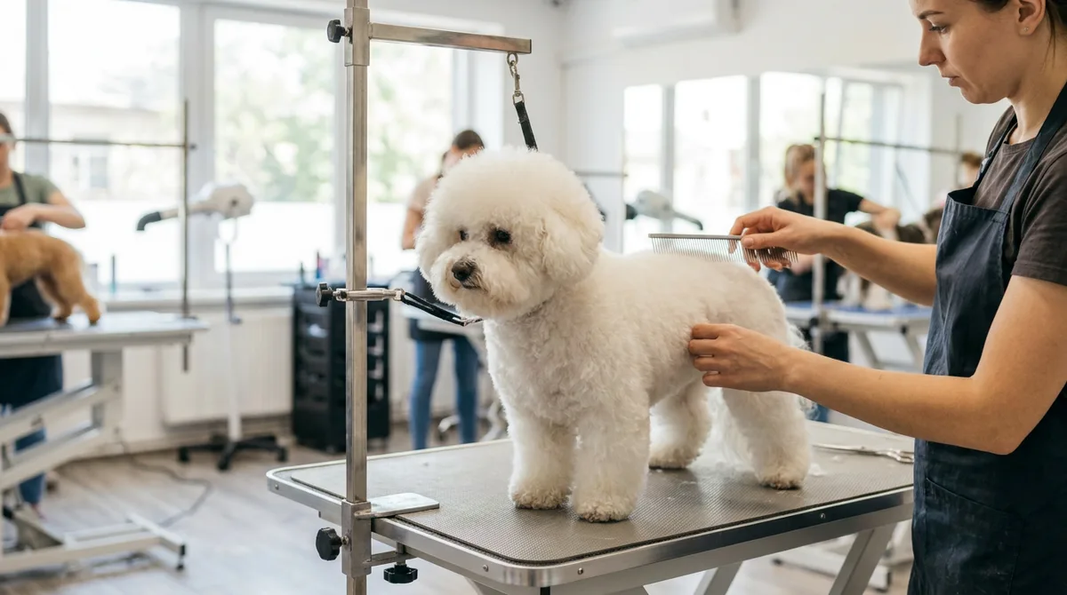 A groomer combing a white Bichon Frise on a grooming table.