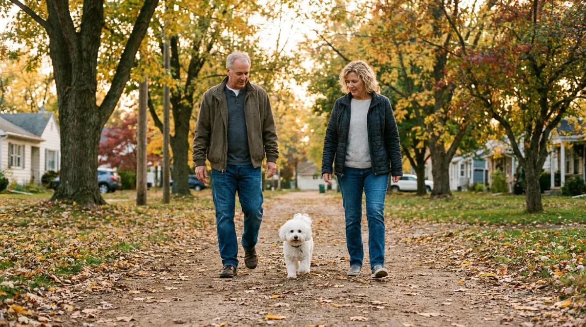 White Bichon Frise walking between two adults on a leafy park path.