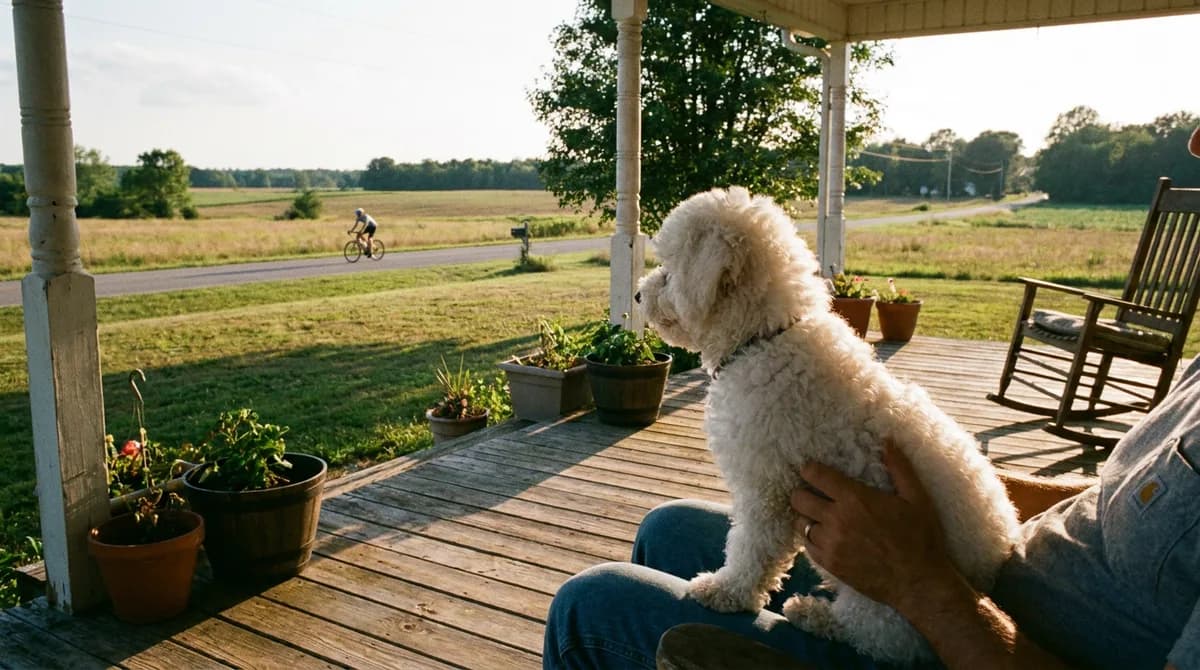 Bichon Frise puppy on an adult's lap on a covered porch, watching a distant cyclist.