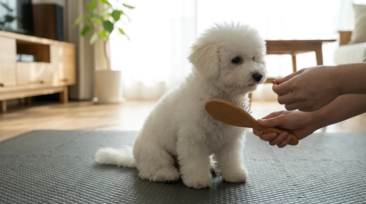Bichon Frise puppy on a mat beside an adult holding a brush and a small reward.