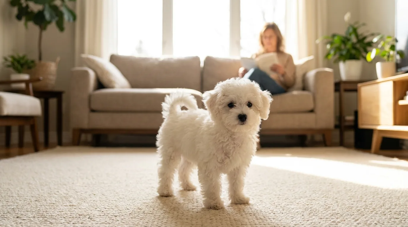 White Bichon Frise puppy on a cream carpet with an adult reading on the sofa behind it.
