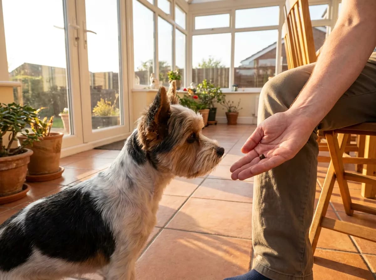 A Biewer Terrier looking toward a small reward in a seated caregiver’s hand
