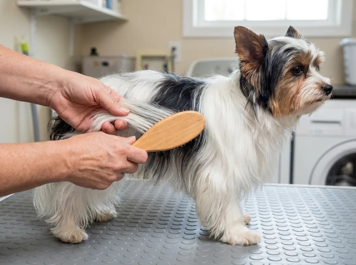 Caregiver brushing the side coat of a Biewer Terrier standing on a nonslip mat