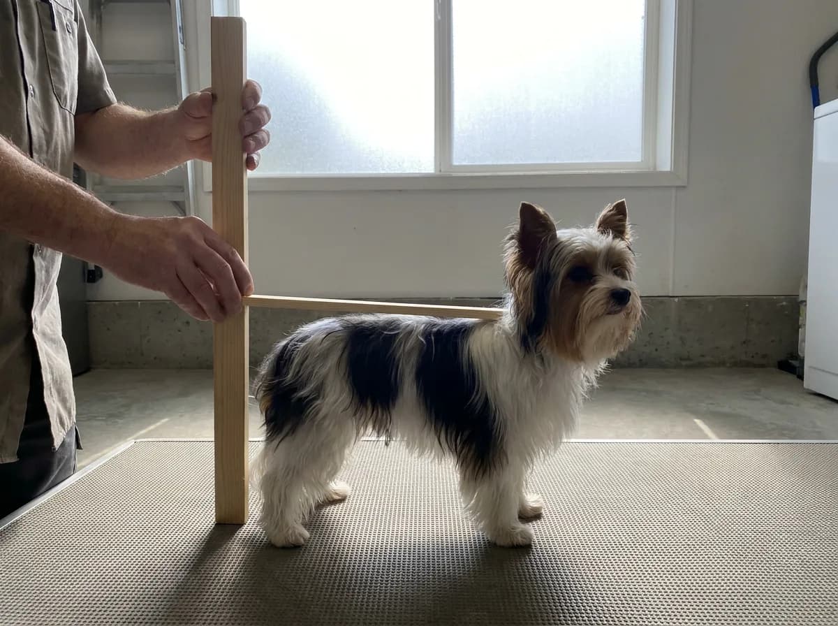 Caregiver using a physical height stick beside a Biewer Terrier on a level mat