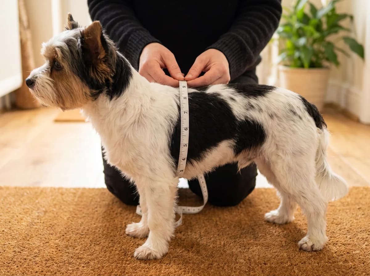 Caregiver measuring chest girth behind the front legs of an adult Biewer Terrier