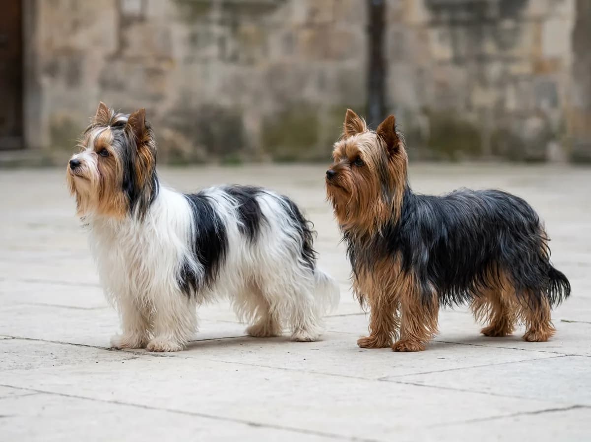 Biewer Terrier and Yorkshire Terrier standing side by side on pale paving