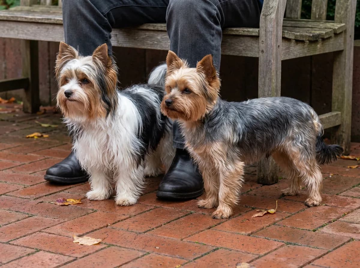 A Biewer Terrier and Yorkshire Terrier standing beside a caregiver’s shoes on brick paving
