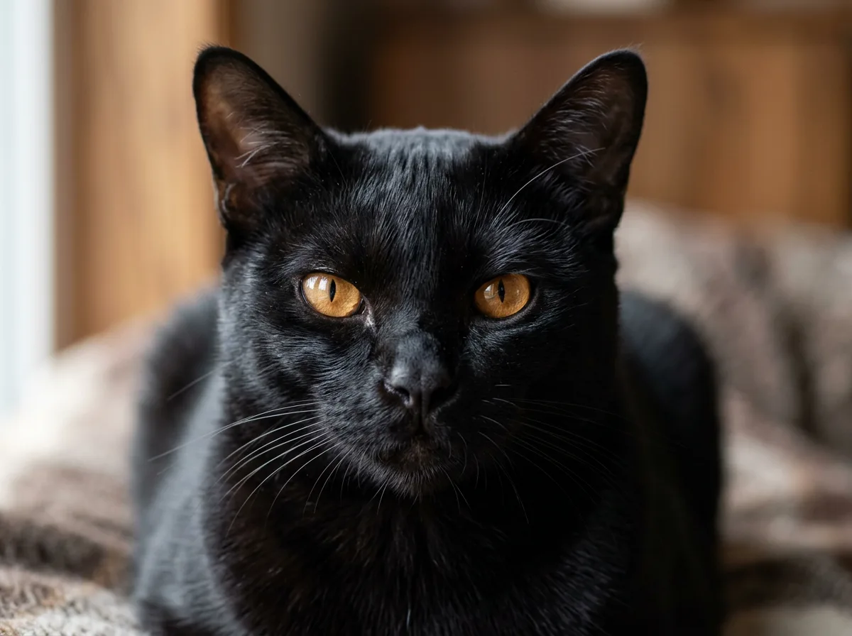 Close portrait of a Bombay cat with copper eyes, black nose leather and a sleek black coat