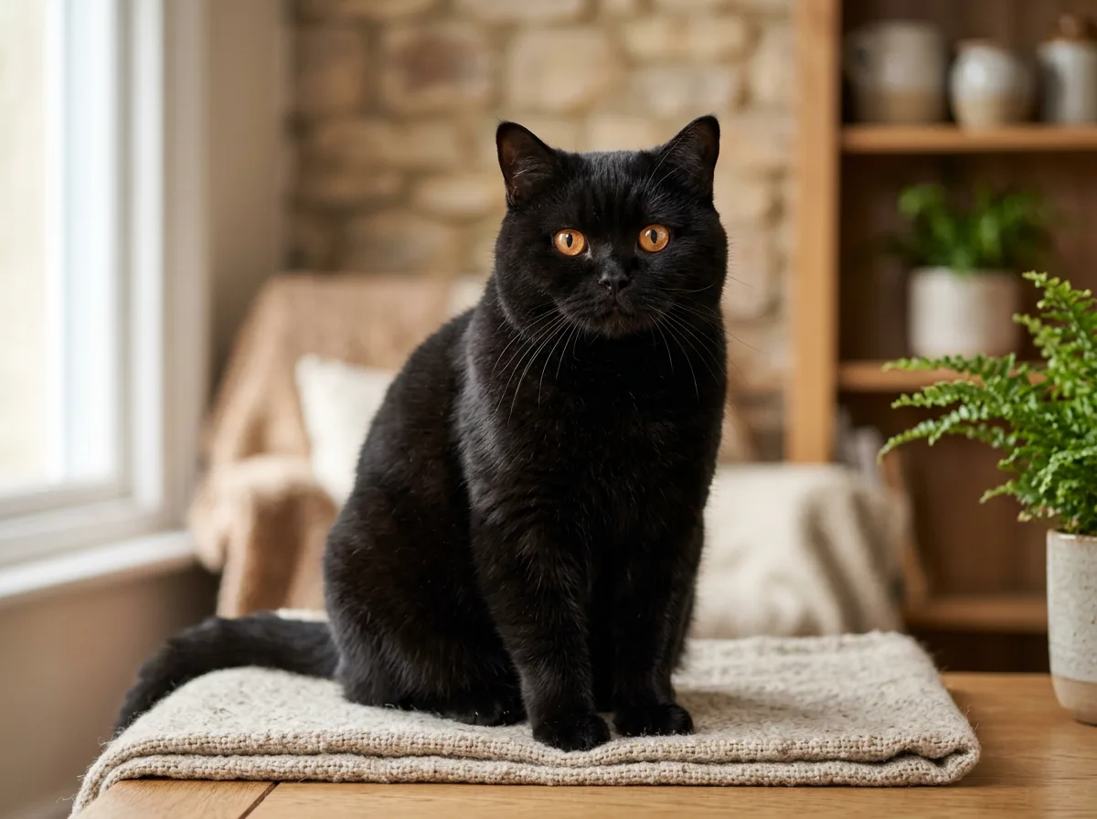 A plush solid-black British Shorthair cat with a round face and copper eyes