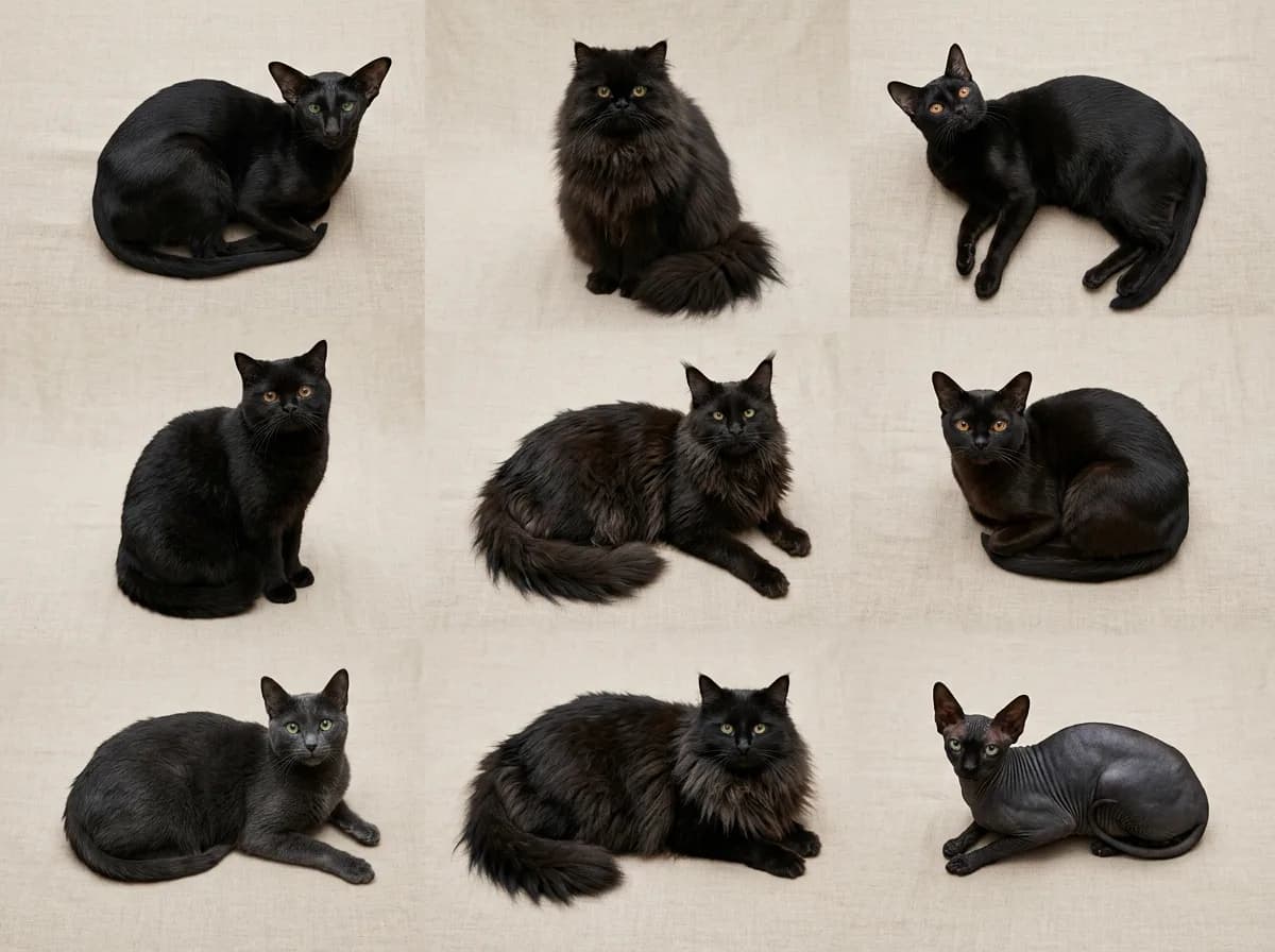 A grid of nine different solid-black cat breeds with varied coat lengths and sizes