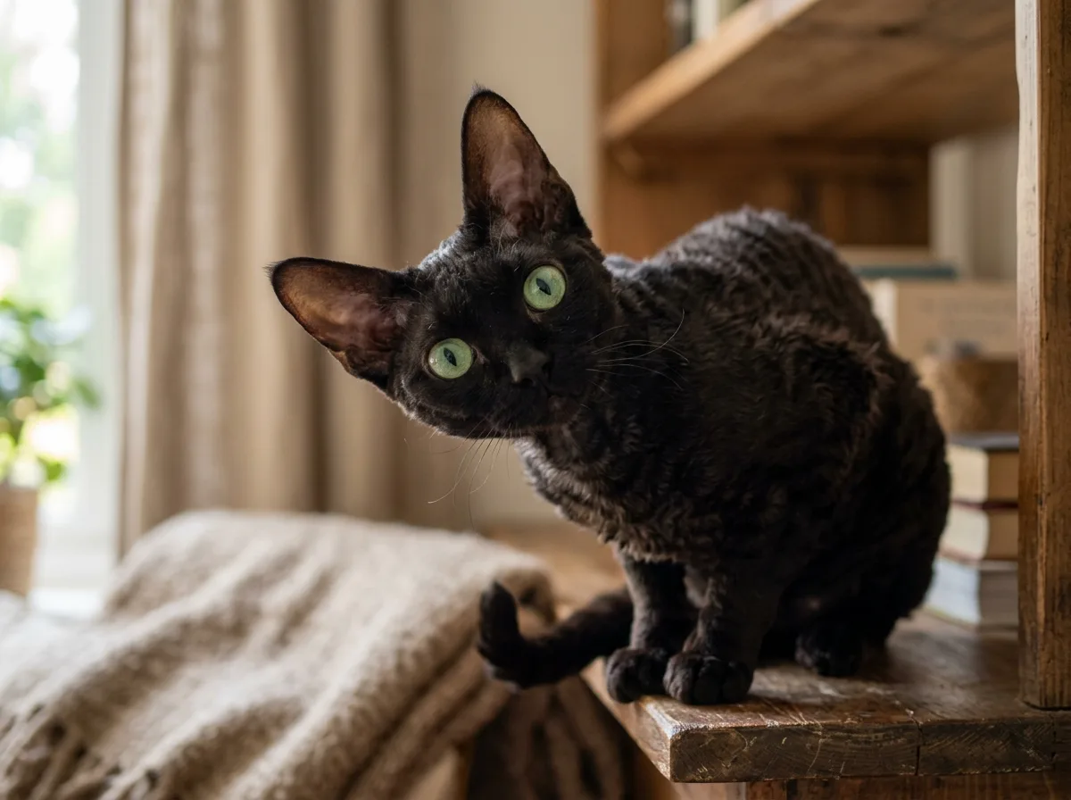 A black Devon Rex cat with a short wavy coat, huge ears and an impish pixie face