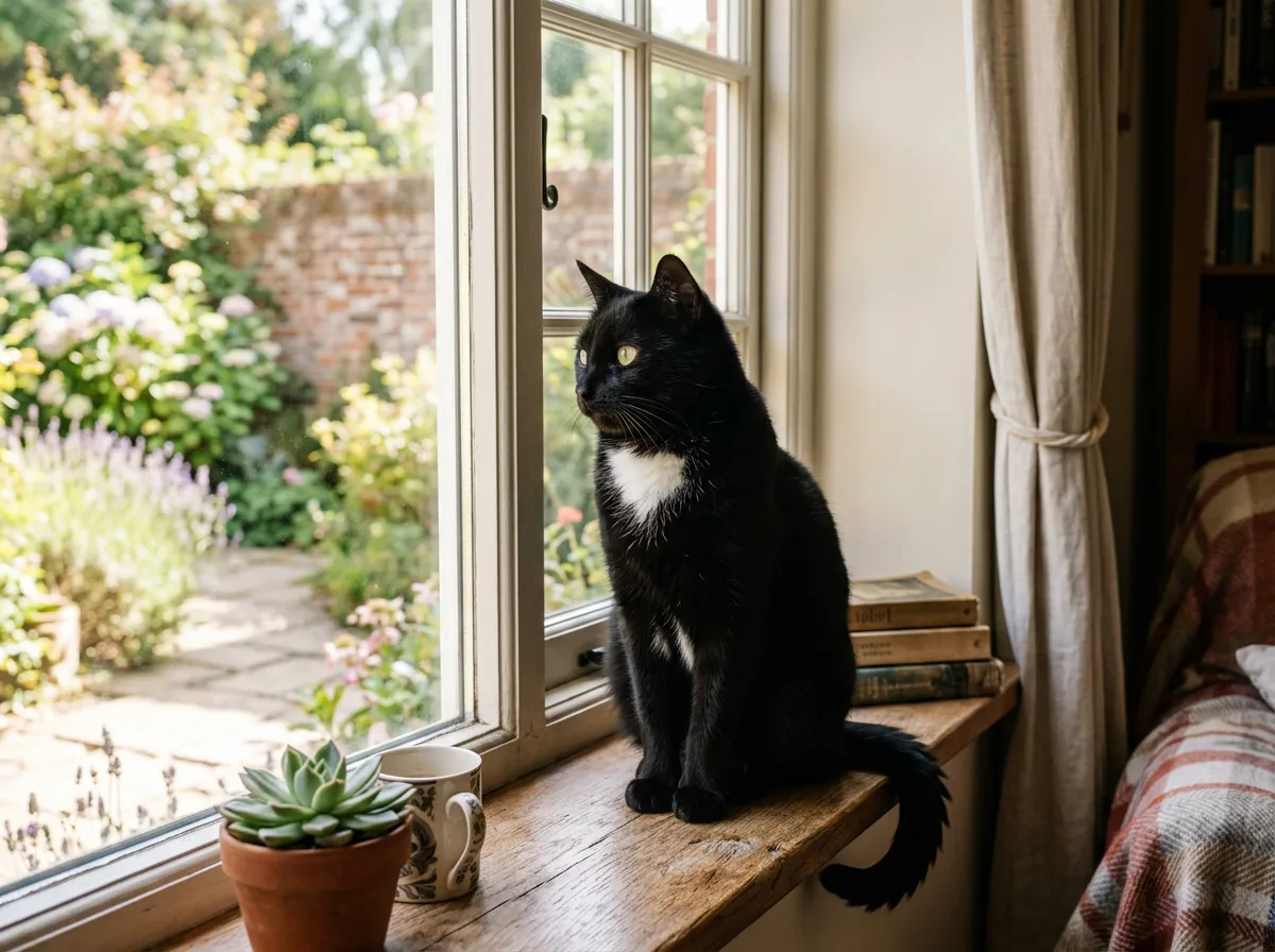A black domestic shorthair cat with a small white chest patch sitting on a sunny windowsill