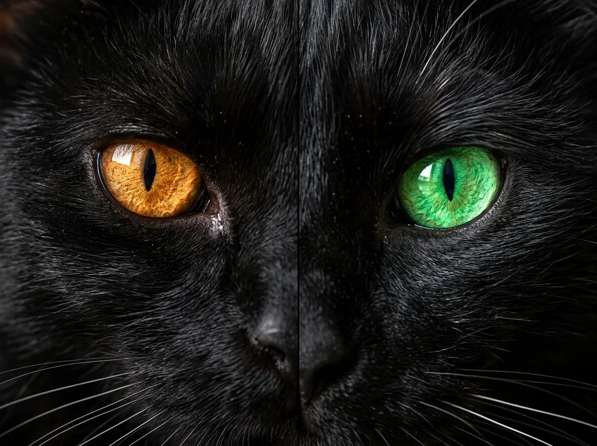 A split macro image of a black cat with copper eyes beside a black cat with green eyes