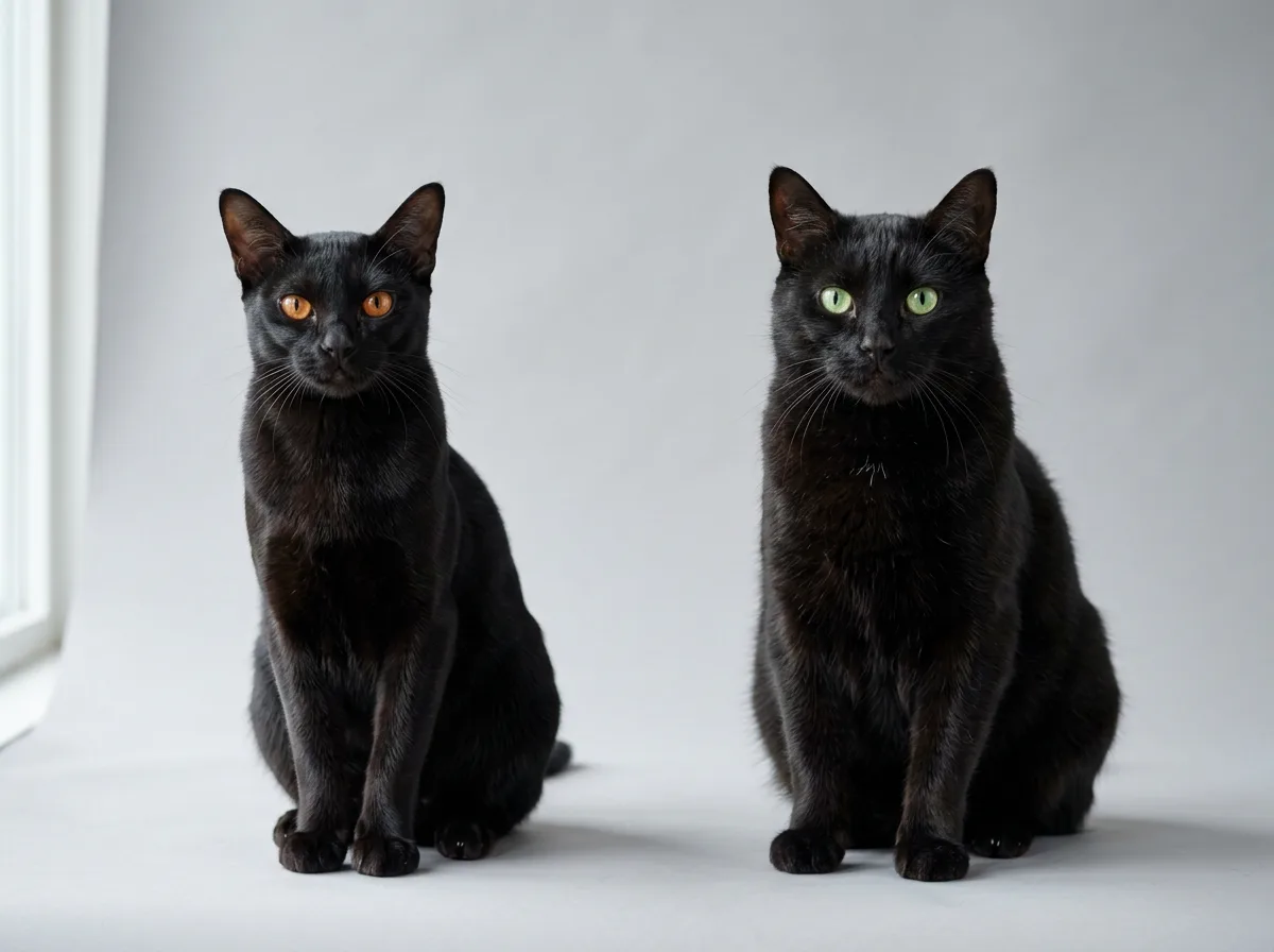 A pedigreed black Bombay cat beside a green-eyed black domestic shorthair, showing that black is a color not a breed