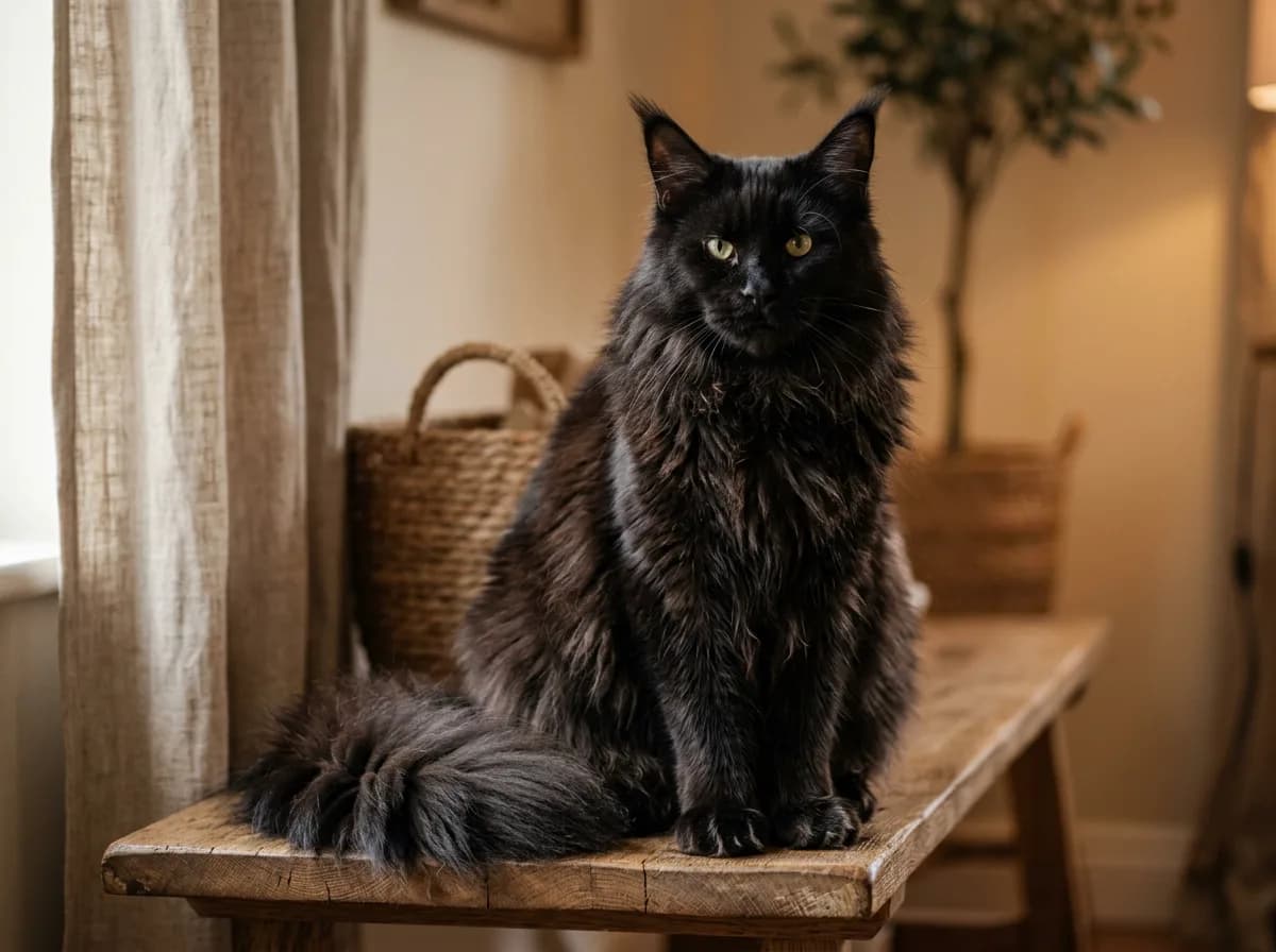 A large fluffy solid-black Maine Coon cat with ear tufts and a plumed tail