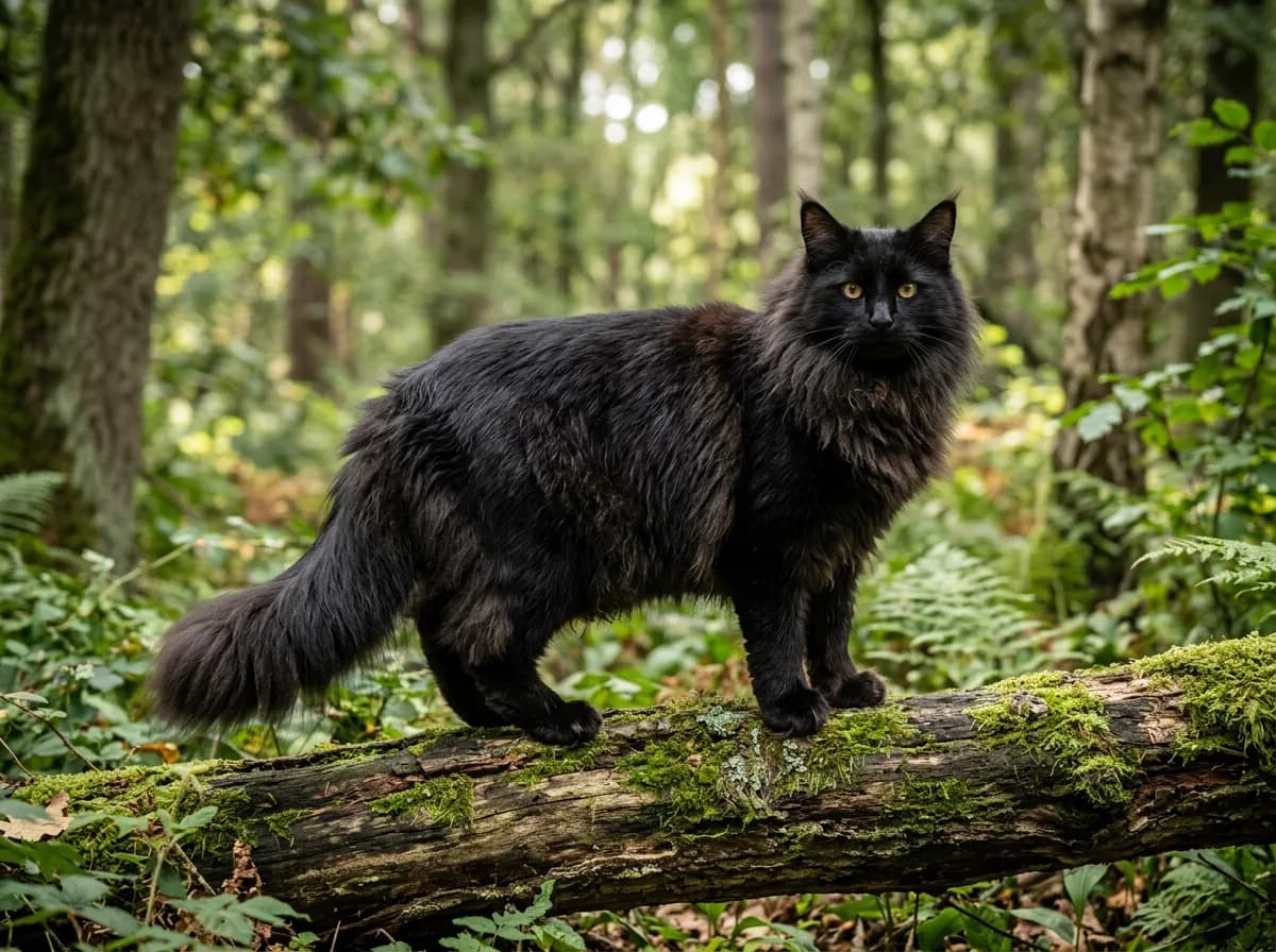 A large solid-black Norwegian Forest Cat with a thick double coat standing outdoors