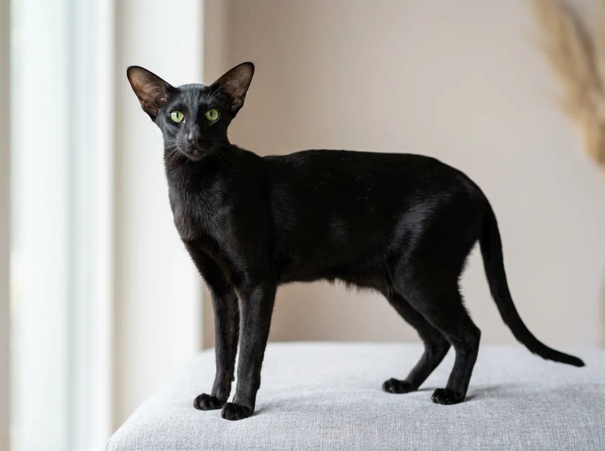 A sleek ebony Oriental Shorthair cat with large ears, a slim build and bright green eyes