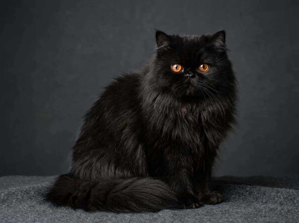 A solid-black Persian cat with a long dense coat, flat face and copper eyes