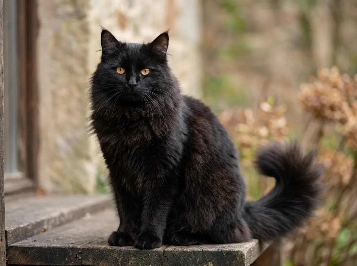 A powerful solid-black Siberian cat with a thick triple coat
