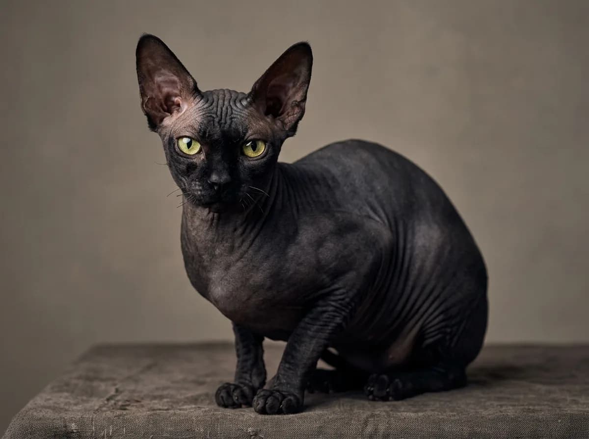 A hairless black-skinned Sphynx cat showing charcoal pigment and wrinkled suede texture
