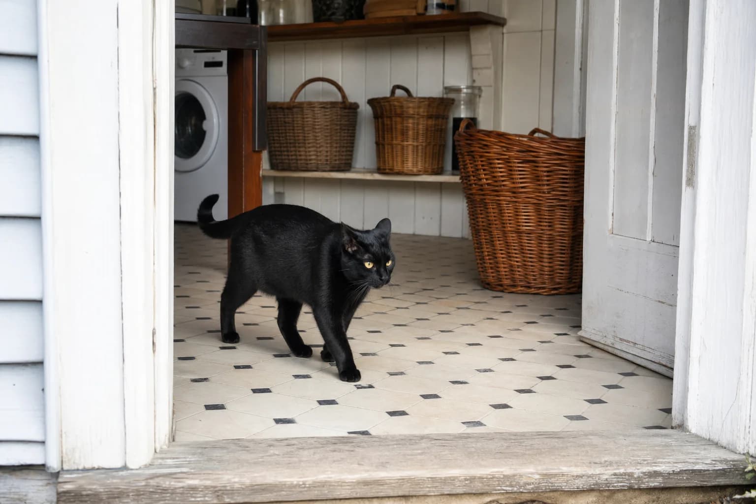 Short-haired black cat walking through a sunlit vintage laundry room