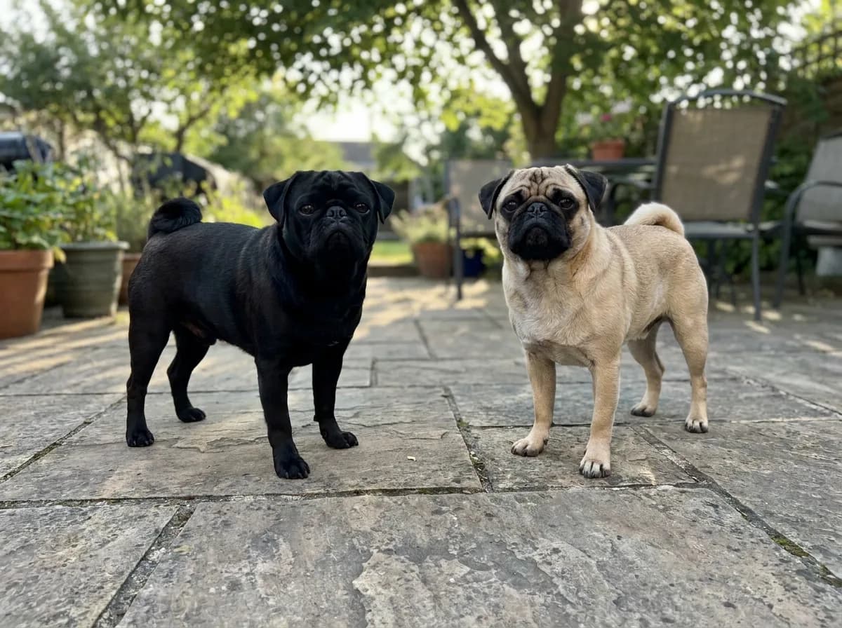 Black Pug and fawn Pug standing side by side on a patio.