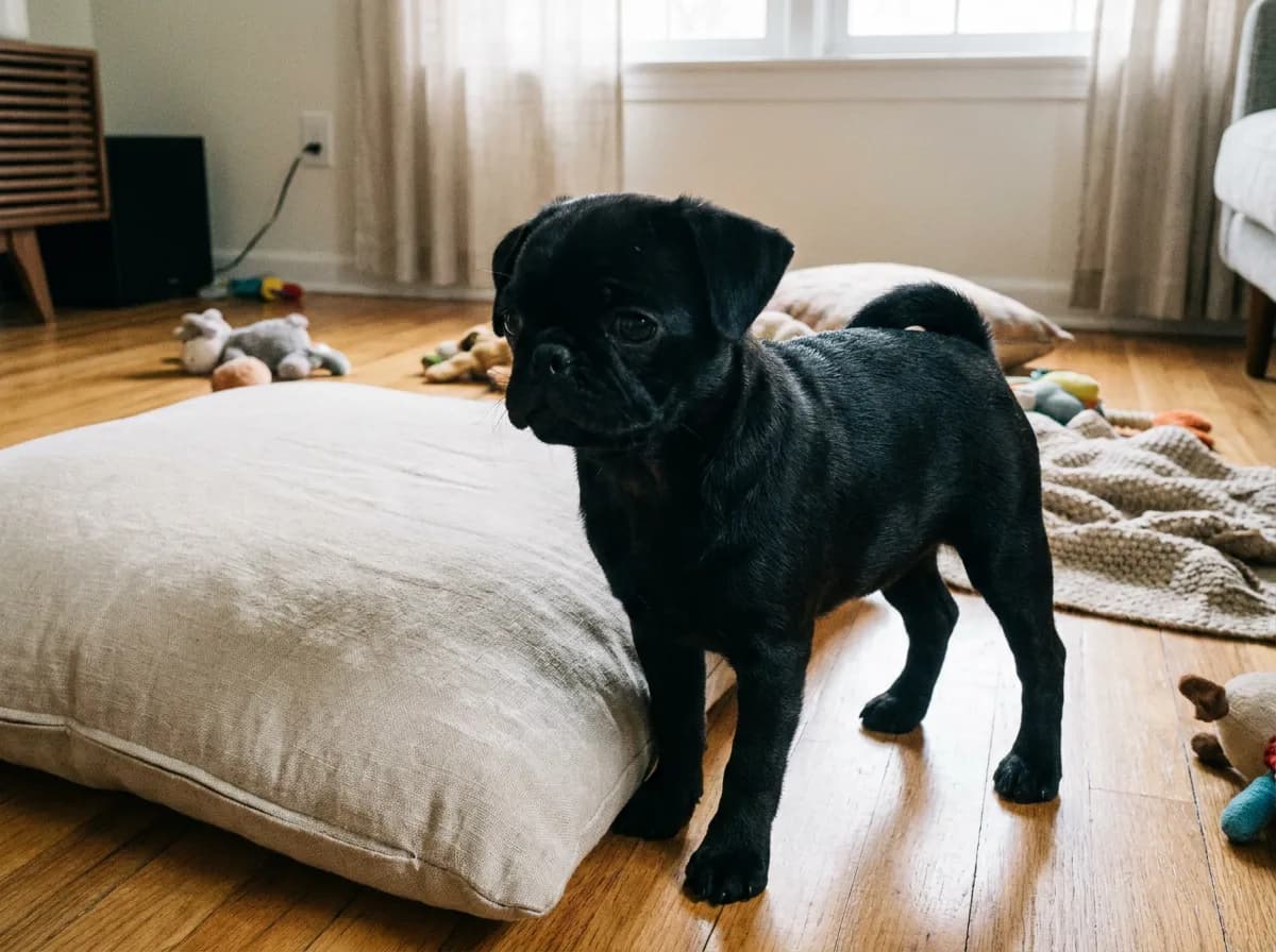 Black Pug puppy standing beside a pale cushion on a wooden floor.