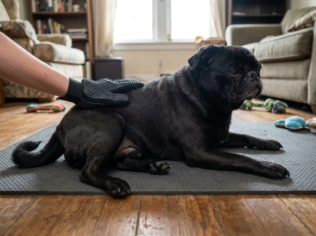 Black Pug resting on a mat while an owner uses a soft grooming glove on its coat.