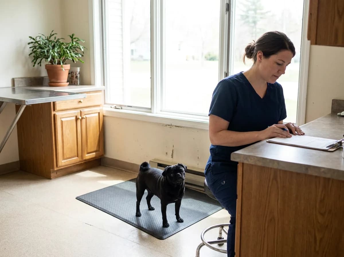 Black Pug standing on an examination table beside a person in scrubs.