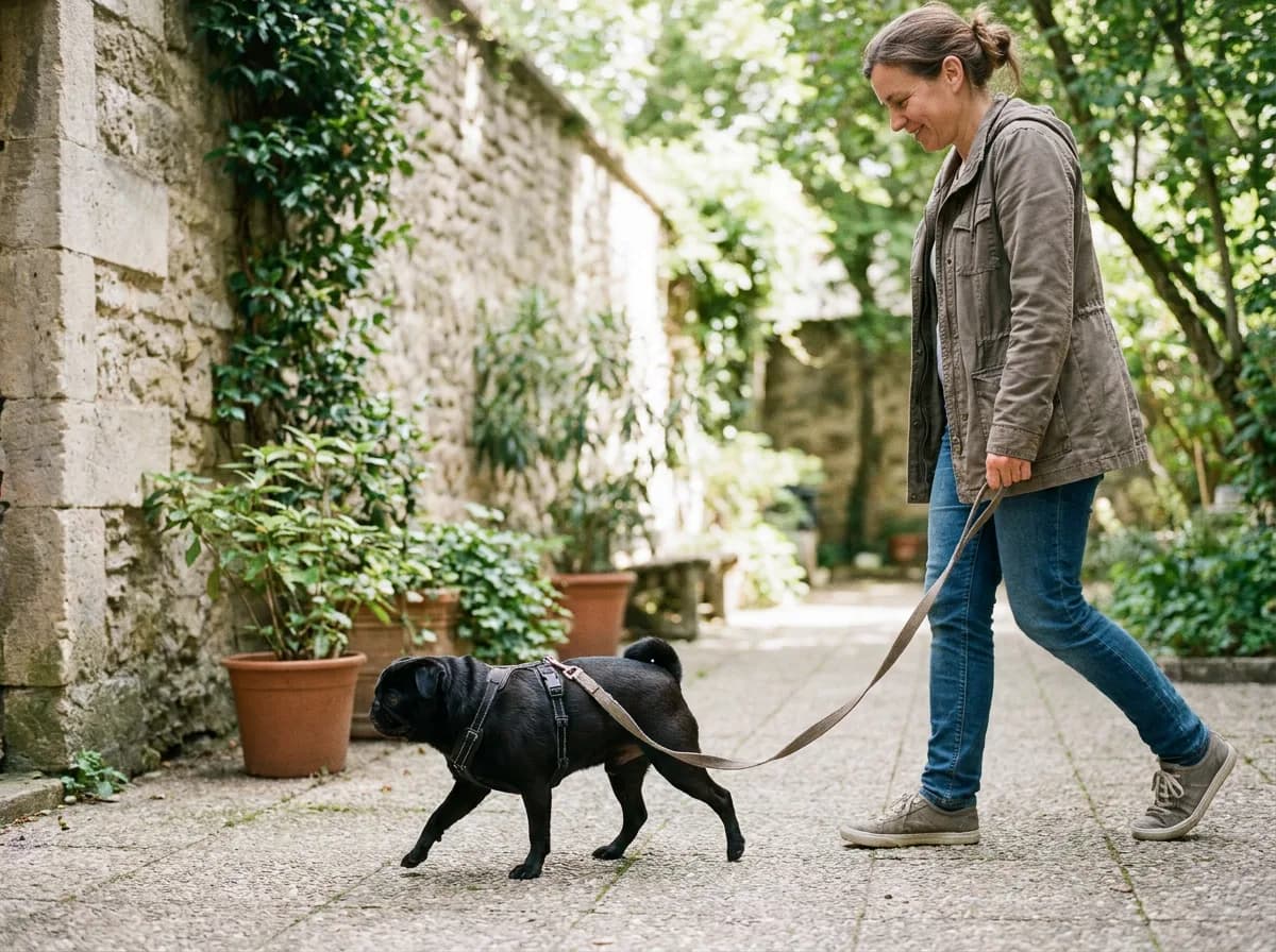 Black Pug walking on a harness and loose leash beside an adult in a shaded courtyard.