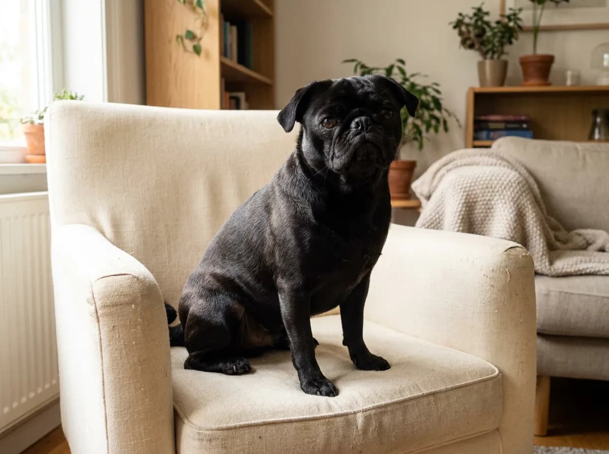 Black Pug sitting on a cream-colored armchair in a bright room.