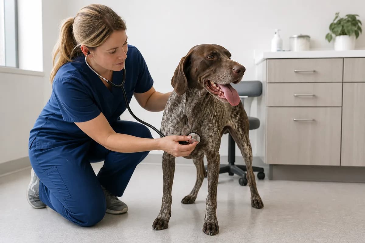 Veterinarian listening to a sporting dog's chest during an examination for respiratory illness