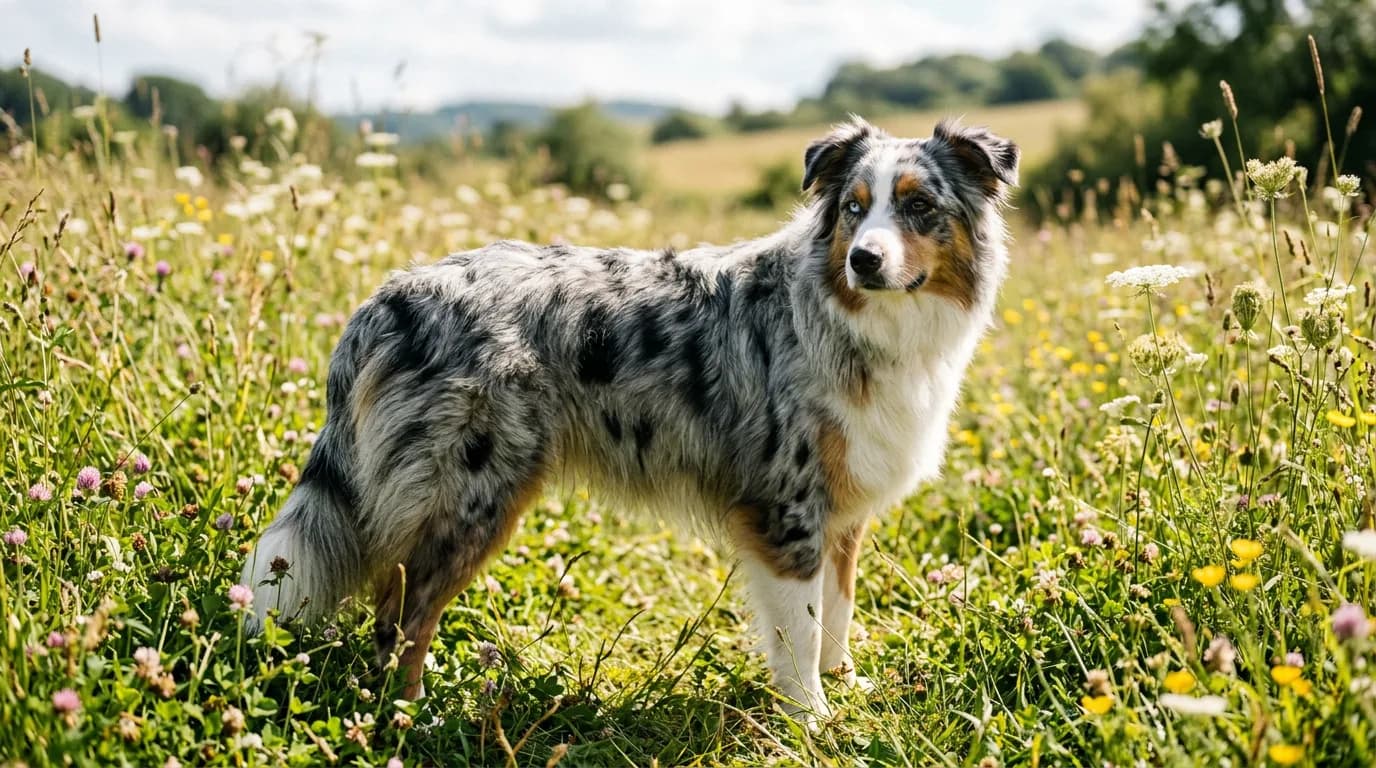 A blue merle Australian Shepherd standing alert in a sunlit meadow, its marbled silver-gray and black coat and one blue eye clearly visible, head slig
