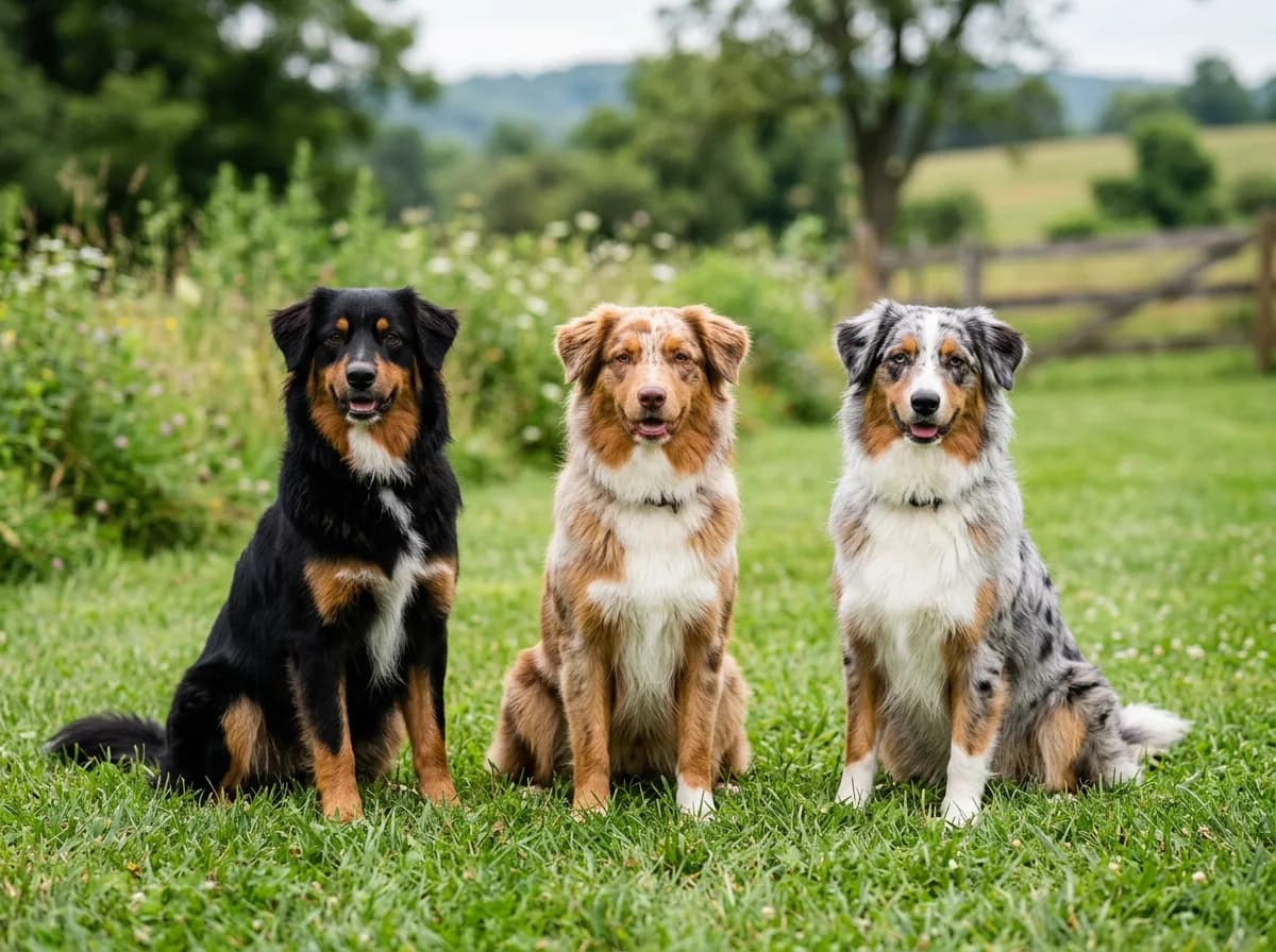 Three Australian Shepherds sitting side by side on grass showing different coats, a solid black tri, a red merle, and a blue merle, so the blue merle'