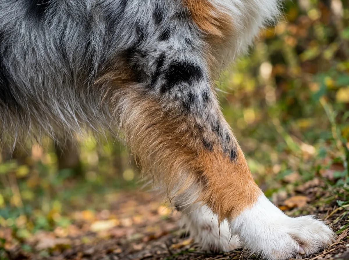 Close-up detail of a blue merle Australian Shepherd's coat showing the marbled mix of silver-gray, solid black patches, white trim, and copper points