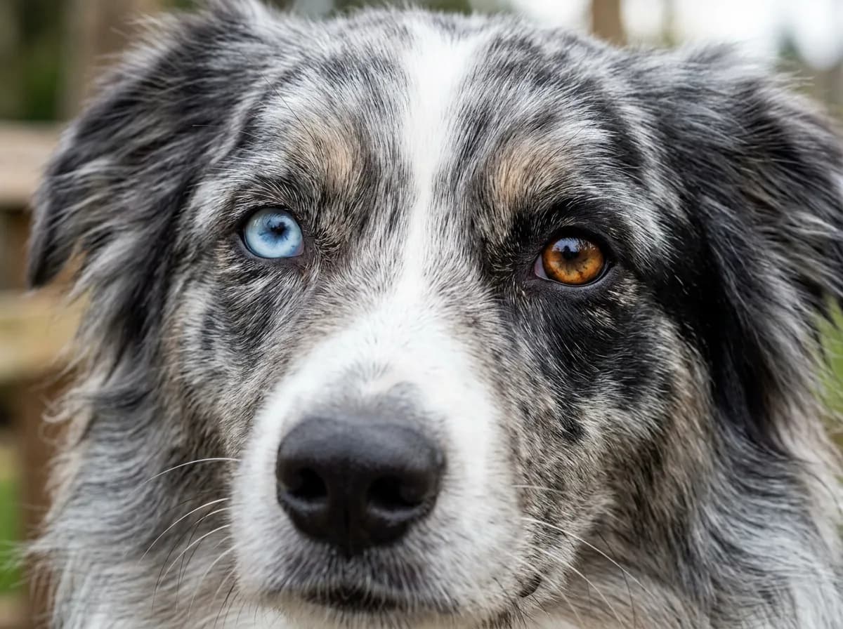 Extreme close-up of a blue merle Australian Shepherd's face showing heterochromia, one clear blue eye and one amber-brown eye, with the marbled gray f