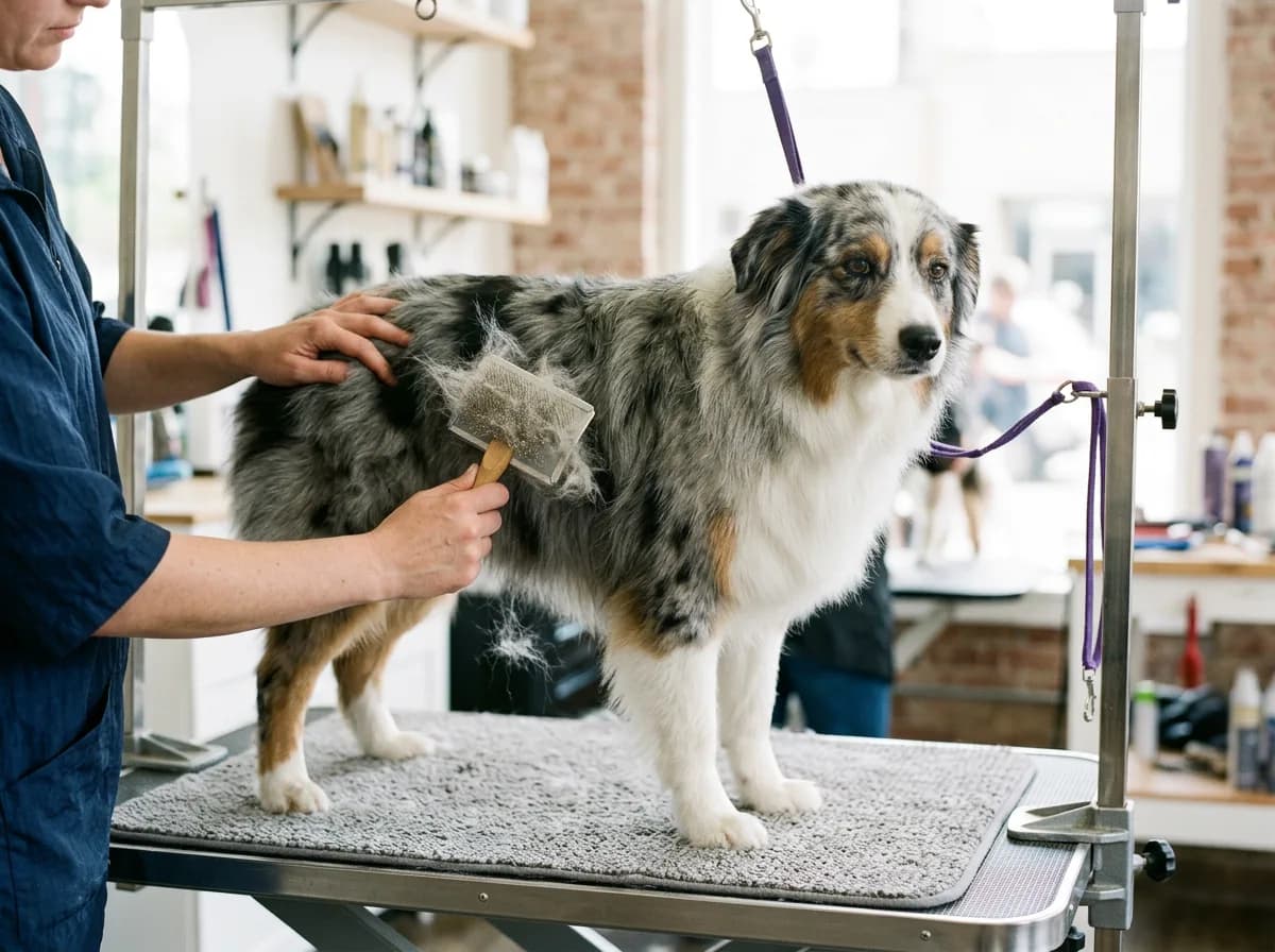 A blue merle Australian Shepherd being brushed on a grooming table by hands with a slicker brush, loose gray and white undercoat visible coming away,