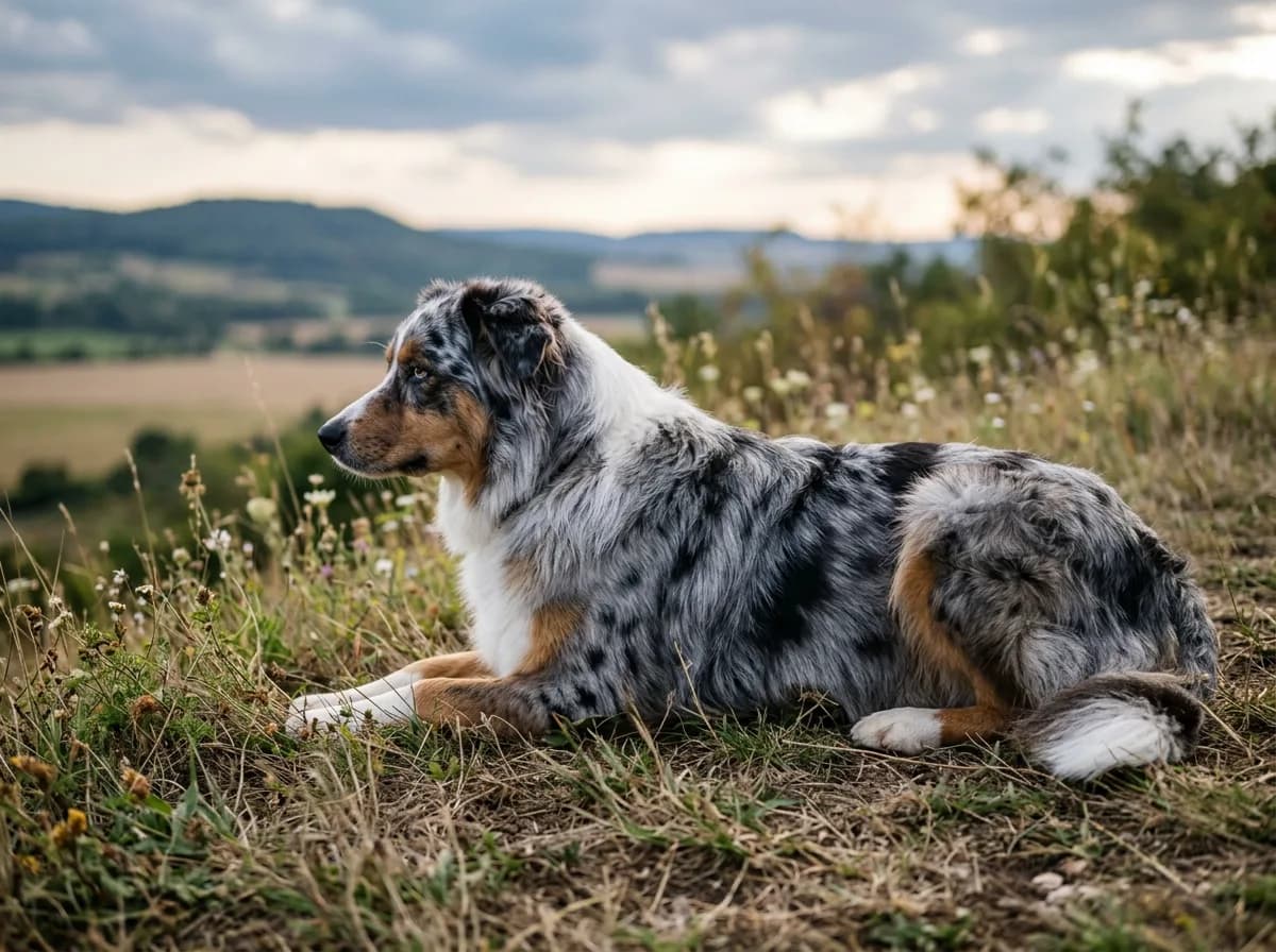 a blue merle Australian Shepherd with marbled grey-black coat