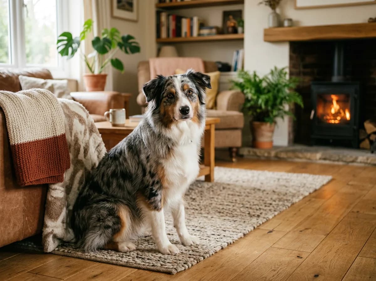a blue merle Australian Shepherd with marbled grey-black coat