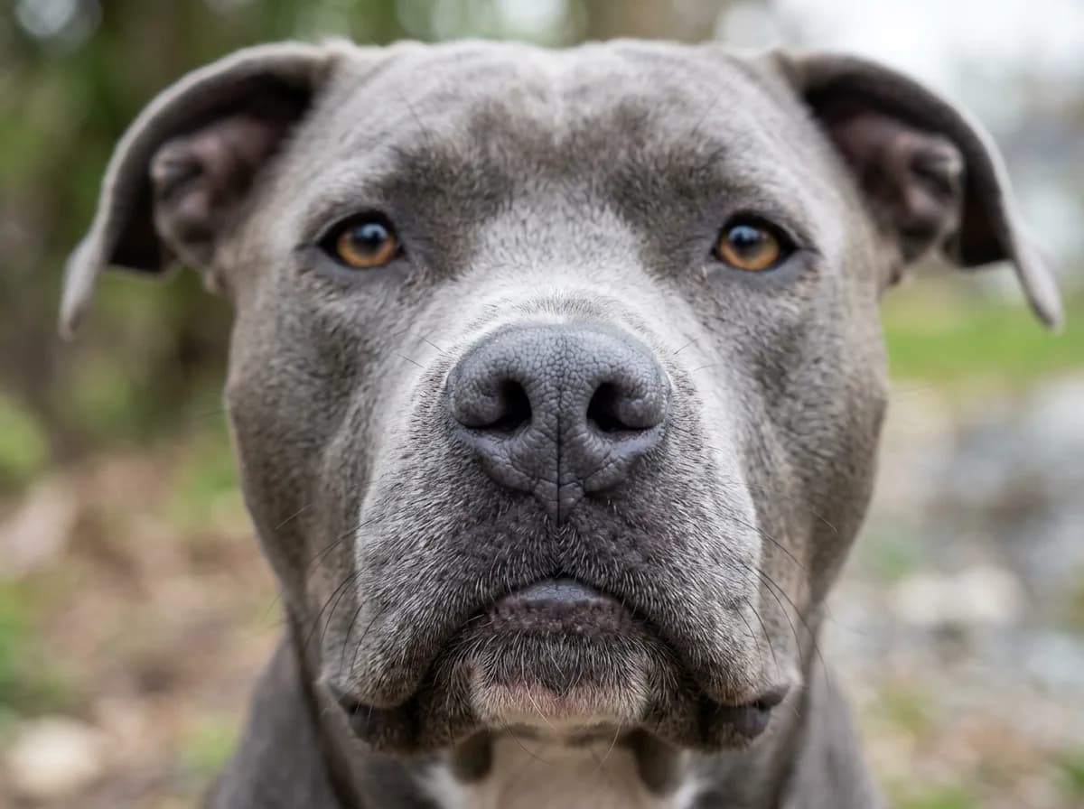 Close-up of a blue nose pitbull's face showing the characteristic slate-gray nose leather, gray lips, and soft gray-blue eye rims