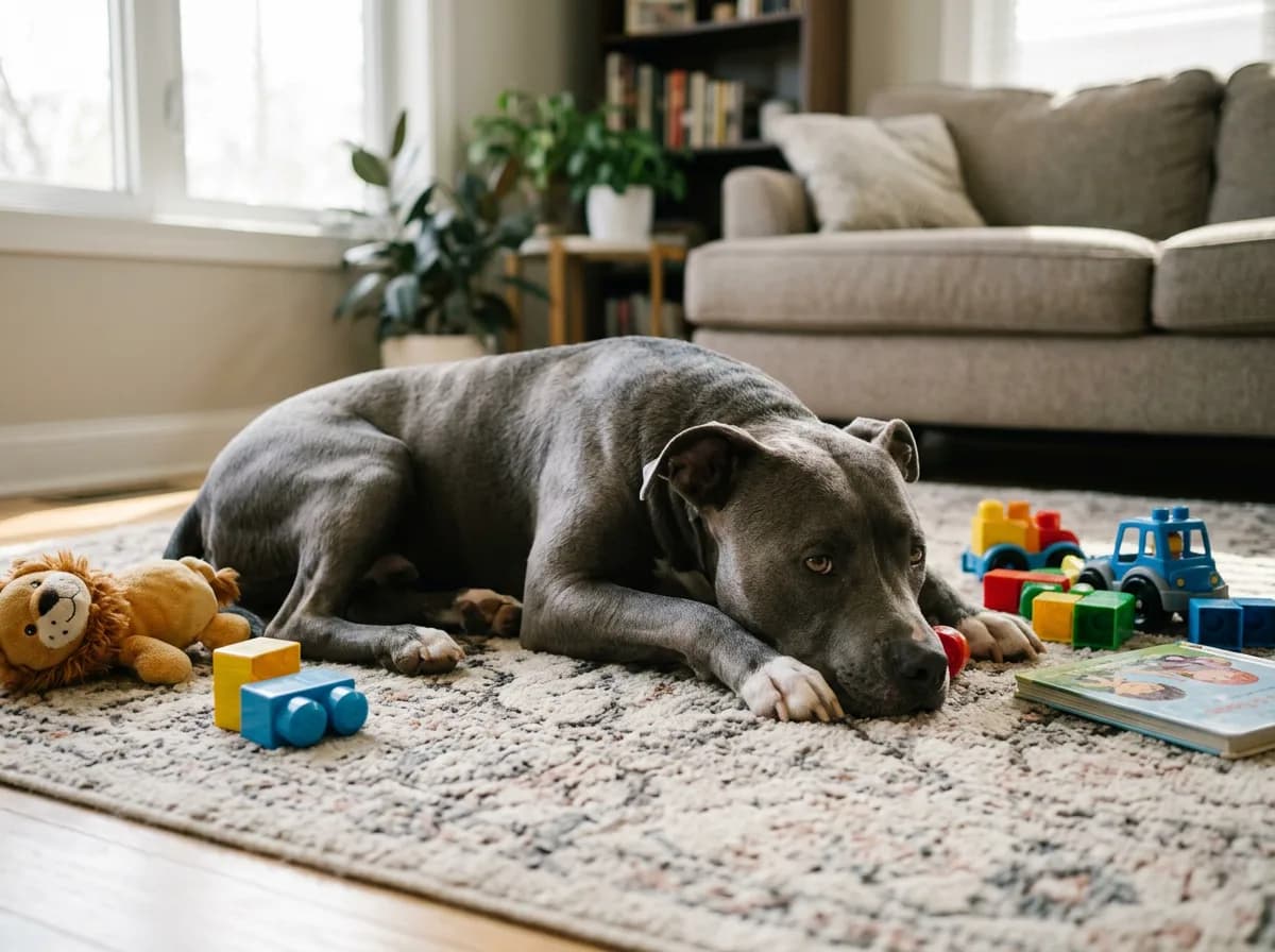A blue nose pitbull lying calmly on a living-room rug beside a child's scattered toys, illustrating the breed as a modern family companion