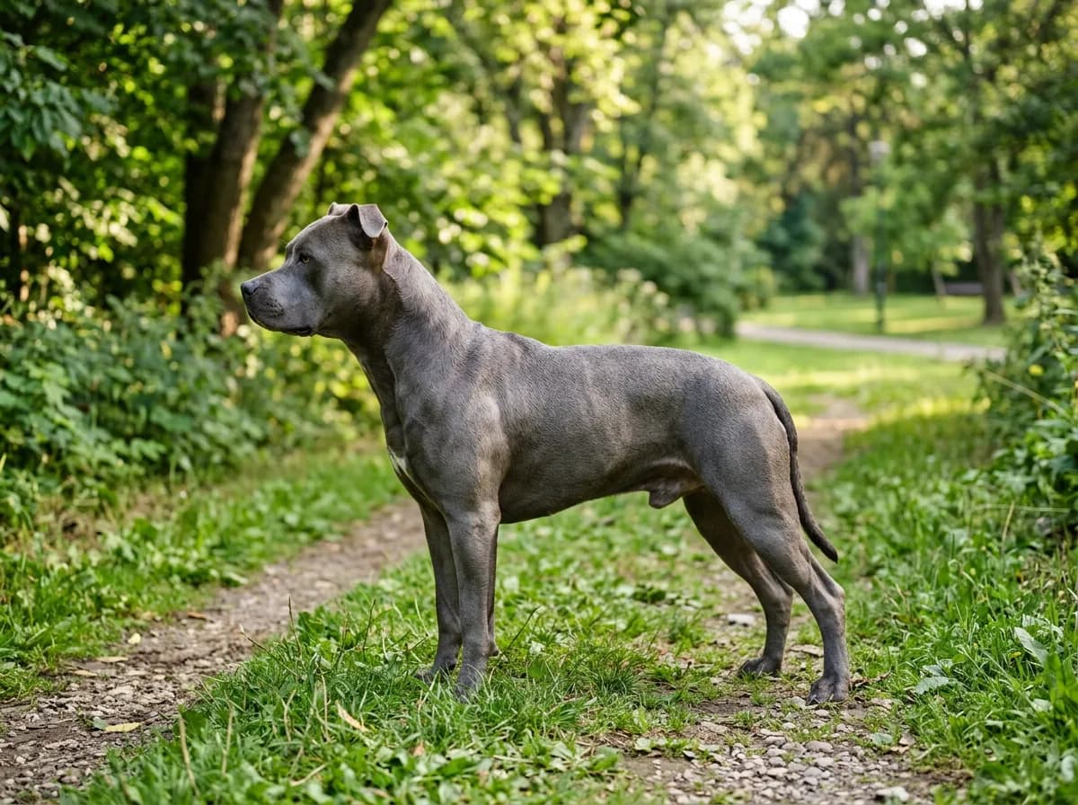 A full-body side profile of an athletic blue nose pitbull standing in a park, showing the muscular build, deep chest, and short gray coat