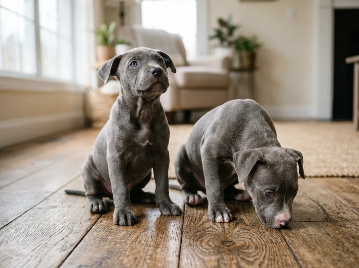 Two blue nose pitbull puppies with soft gray coats sitting side by side on a wooden floor, one looking up and one sniffing the ground