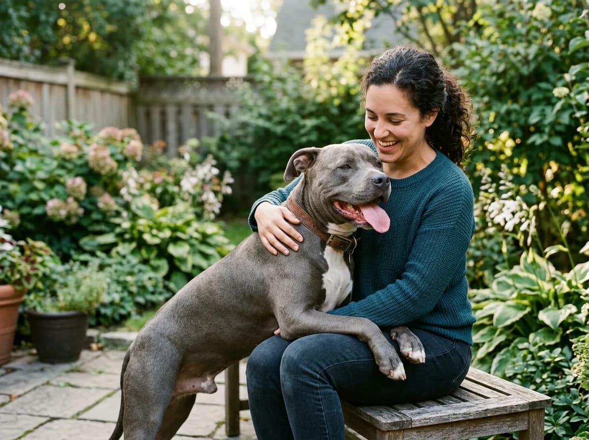 A blue nose pitbull leaning affectionately against a seated owner in a backyard, tongue out and relaxed, showing the breed's people-oriented temperame