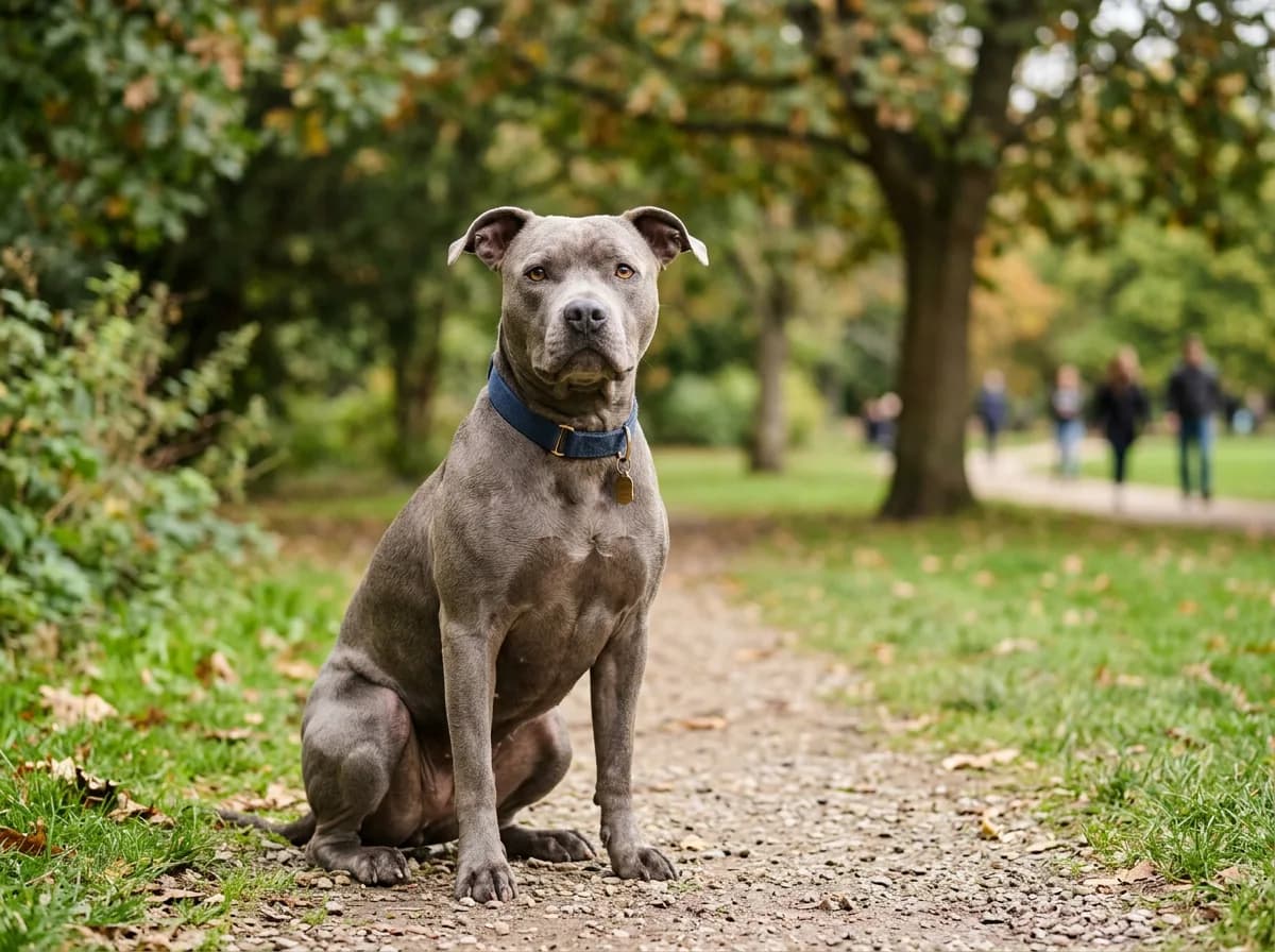 a blue nose Pitbull with a soft grey-blue coat and grey nose
