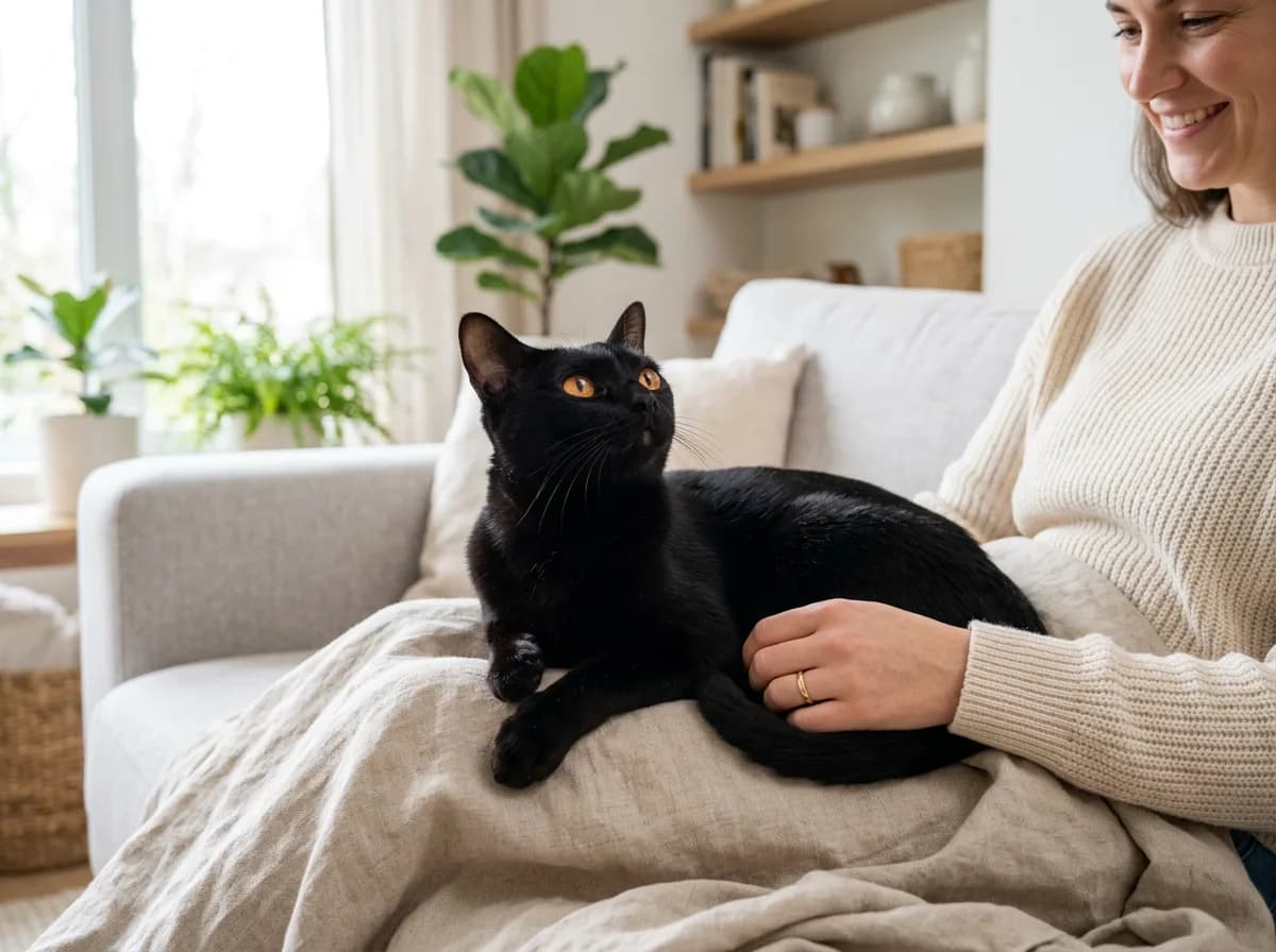 Glossy black Bombay cat with copper eyes resting on a person's lap and looking up affectionately