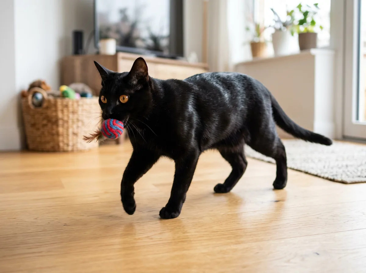 Black Bombay cat carrying a small toy ball in its mouth on a wood floor