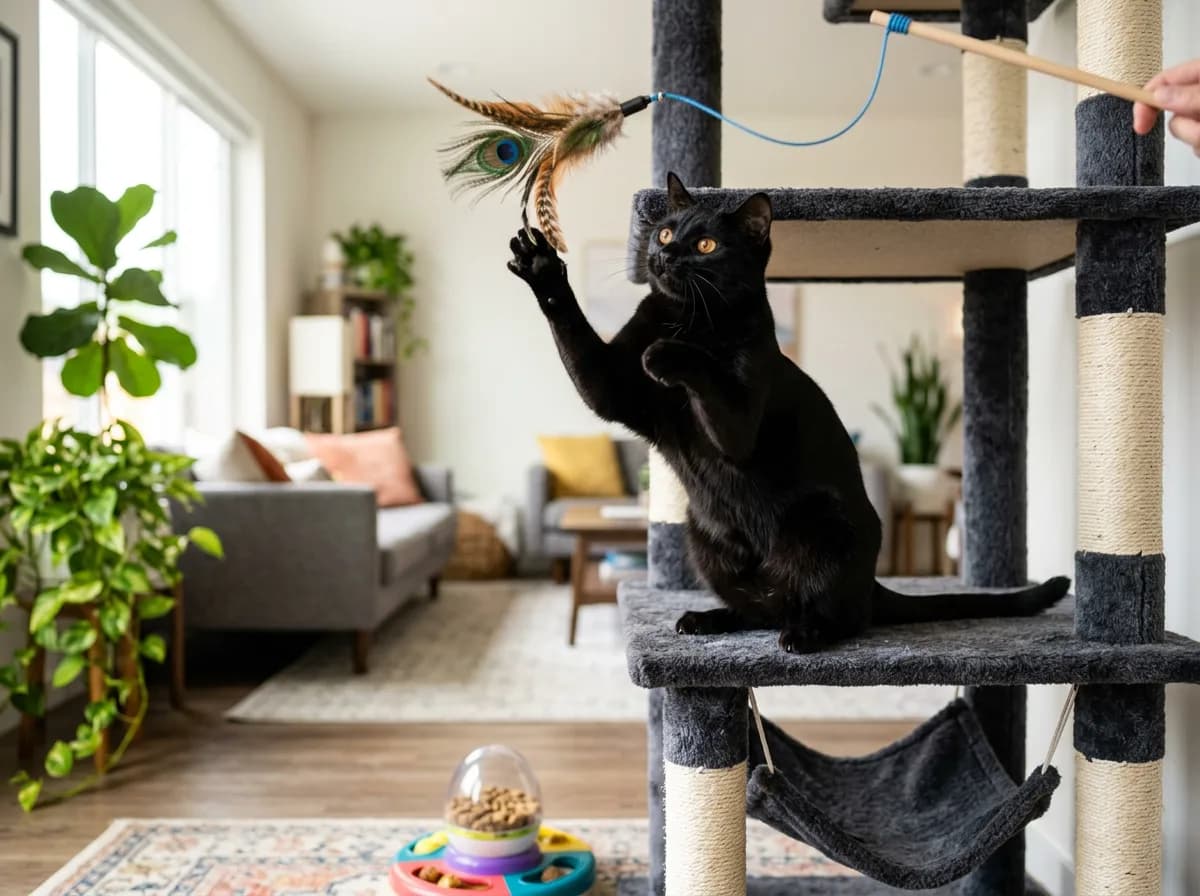 Black Bombay cat on a tall cat tree batting at a wand toy with a puzzle feeder nearby